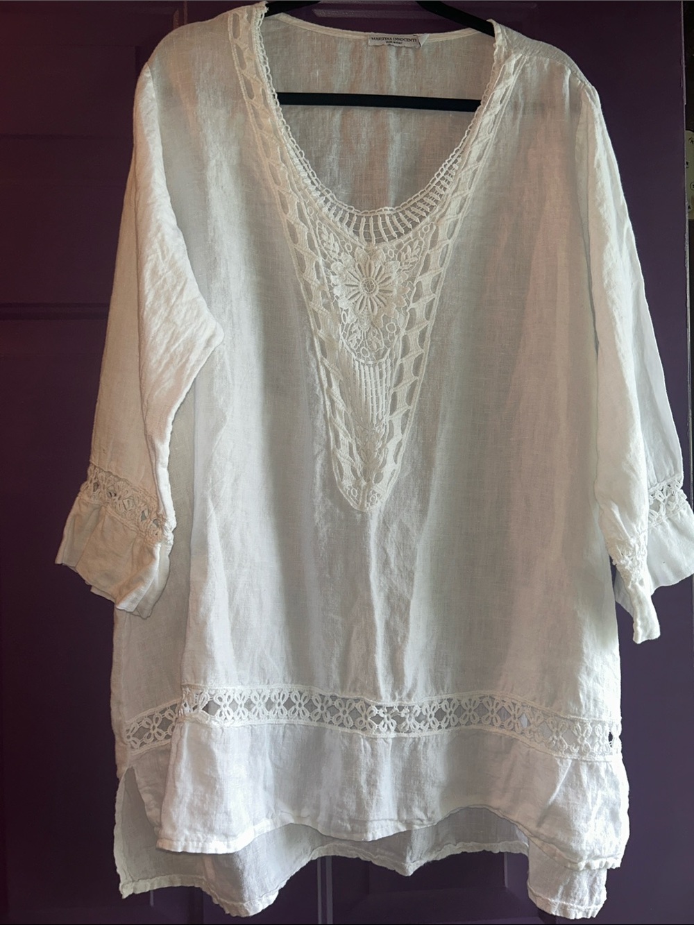 Martina Innocenti Crochet Linen V-Neck Tunic 2X White Made in Italy Relaxed Lace